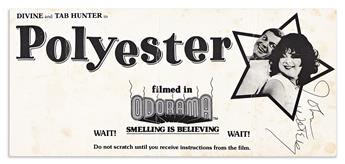 JOHN WATERS (1946-) Signed scratch-and-sniff Odorama card from a screening of his film Polyester, with related flier.